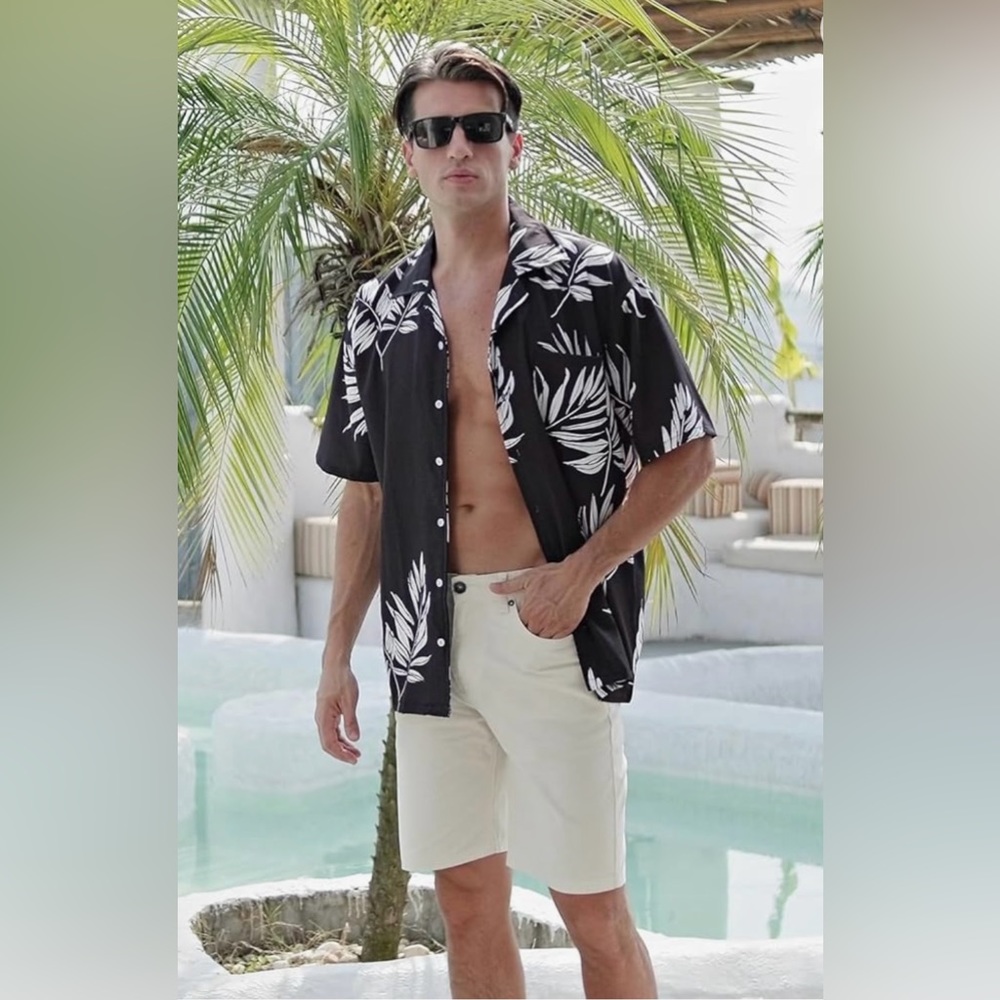 Aptro Men’s Hawaiian S/S Button Down Beach/Palm Shirt Size Large